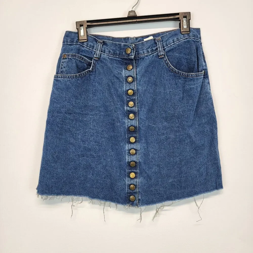 Vintage Womens Denim Mini Skirt Size 12 28" Blue Frayed Stuffed Shirt Jeanswear - Picture 1 of 9